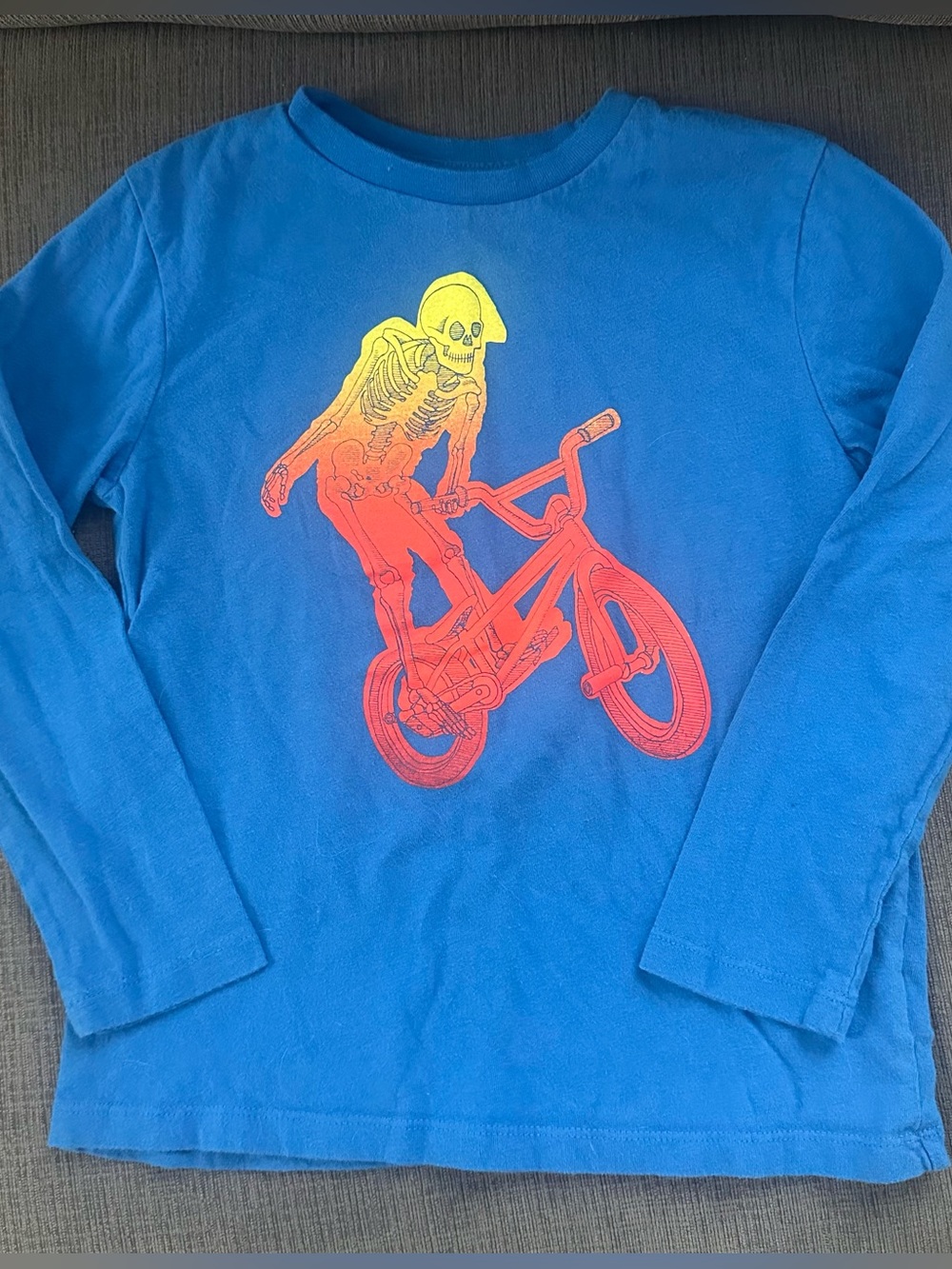 Gap Kids Long-Sleeve Tee. size 6-7 with Neon Skeleton Bike Graphic